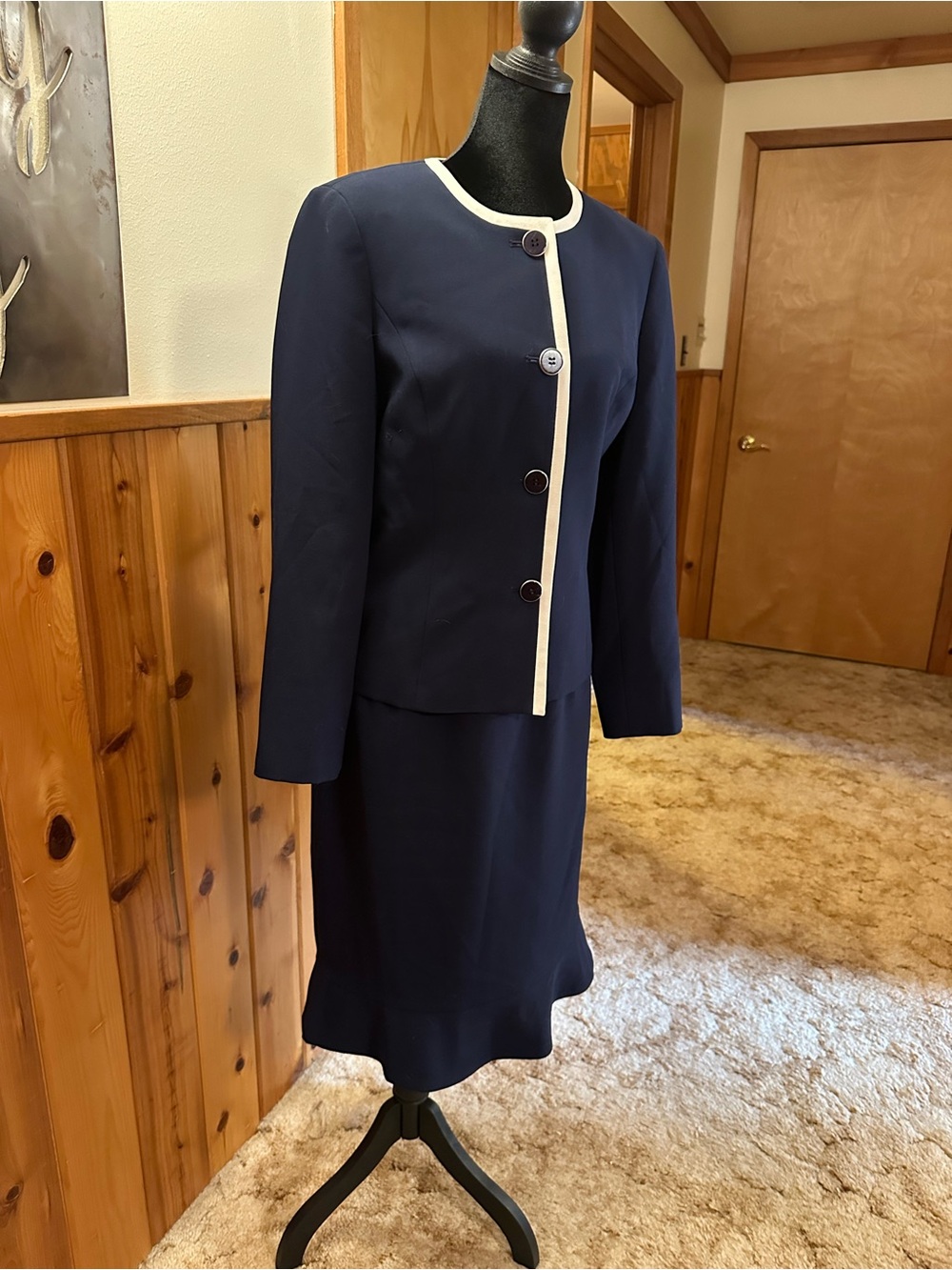 Le Suit Navy Blue Skirt Suit with Cream Trim